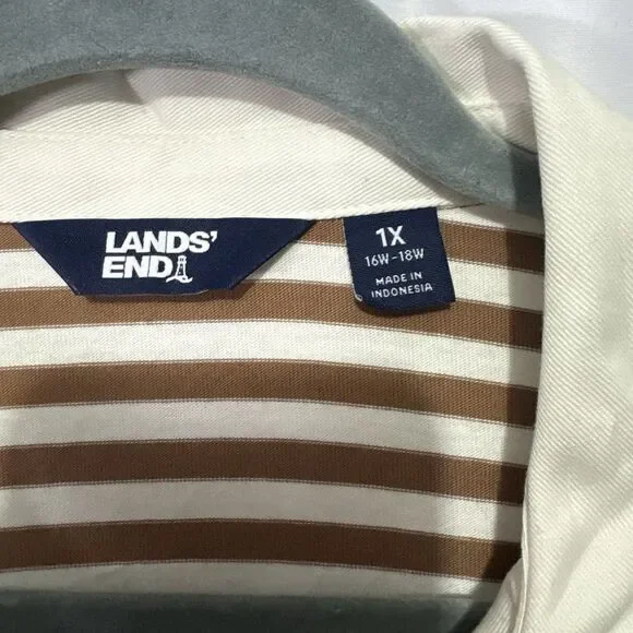 Lands End Polo Shirt Womens Brown White Stripe Long Sleeve Rugby Top 1X Preppy - Picture 4 of 8